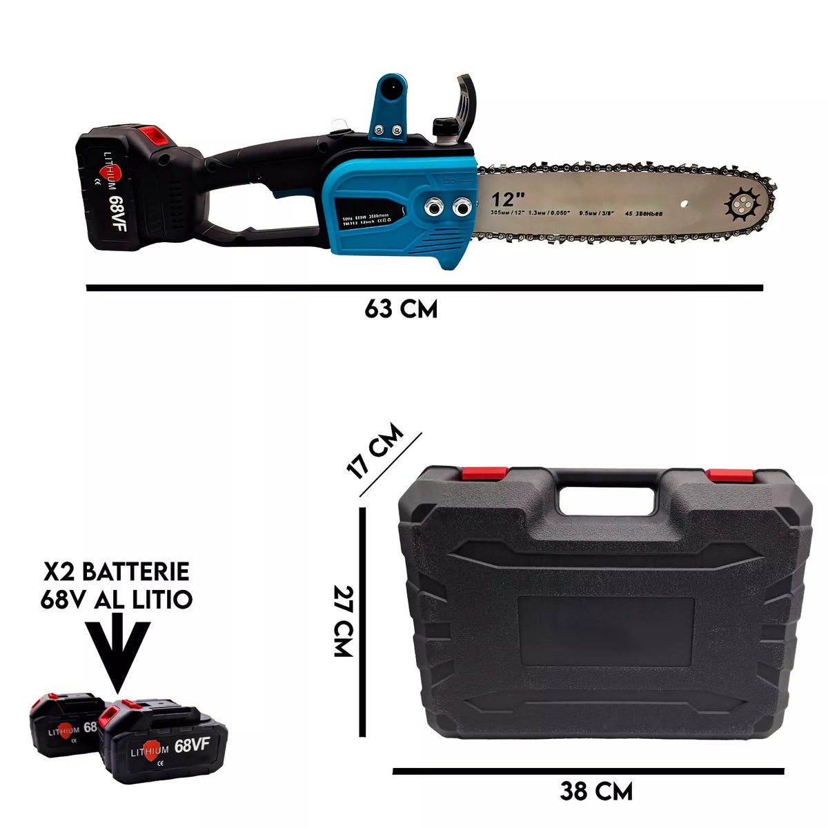 Motosega Elettrica 800W con 2 Batterie 68V Professionale 12 Pollici