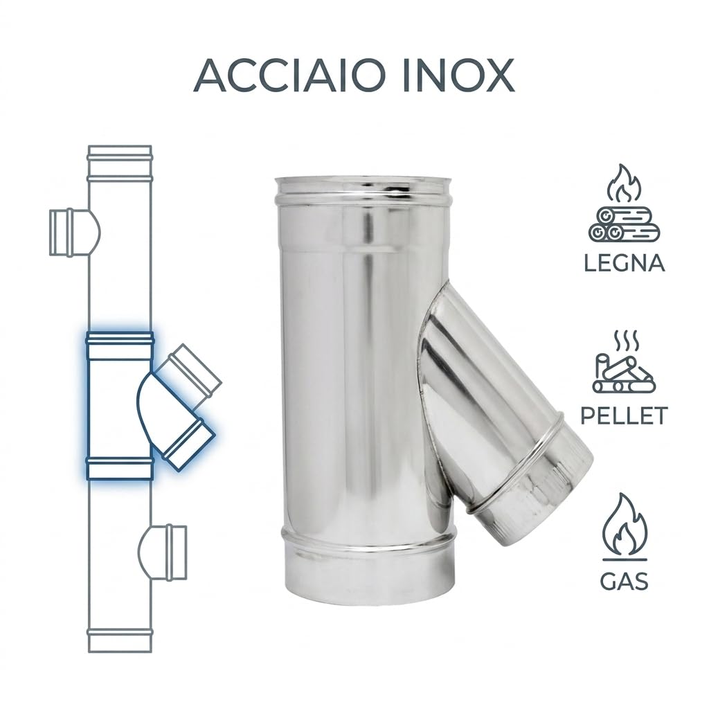 Maka Raccordo a T 135° Ridotto per Canna Fumaria in Acciaio Inox, Braga con Codolo Ridotto per Stufa a Pellet