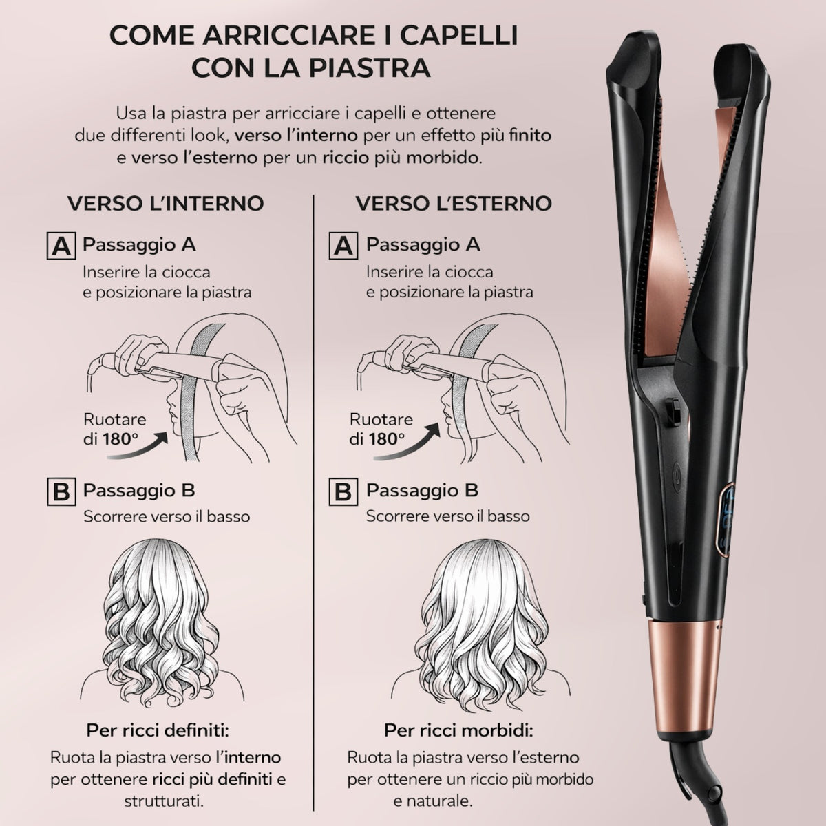 Piastra Capelli 2 in 1 Liscia e Arriccia con Temperatura Regolabile