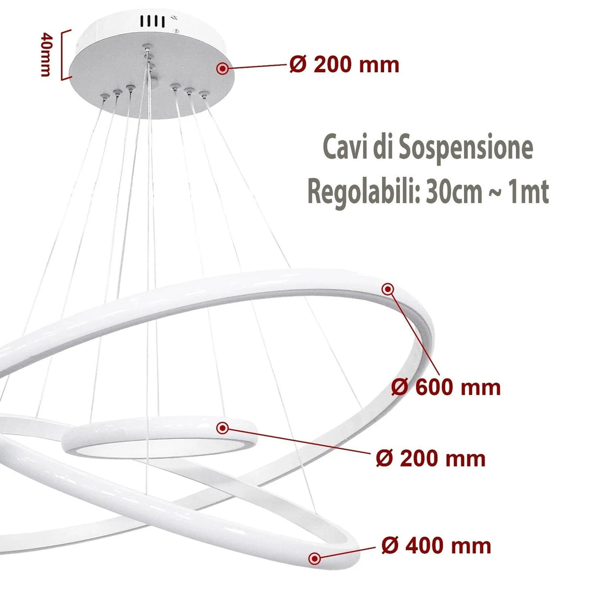 Lampadario LED bianco moderno a 3 anelli sospesi da soffitto 68W