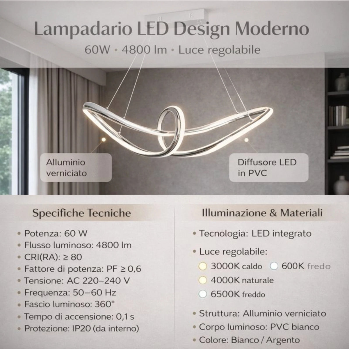 Lampadario LED Moderno Cromato a Sospensione, Altezza Regolabile, 60W, 4800 Lumen