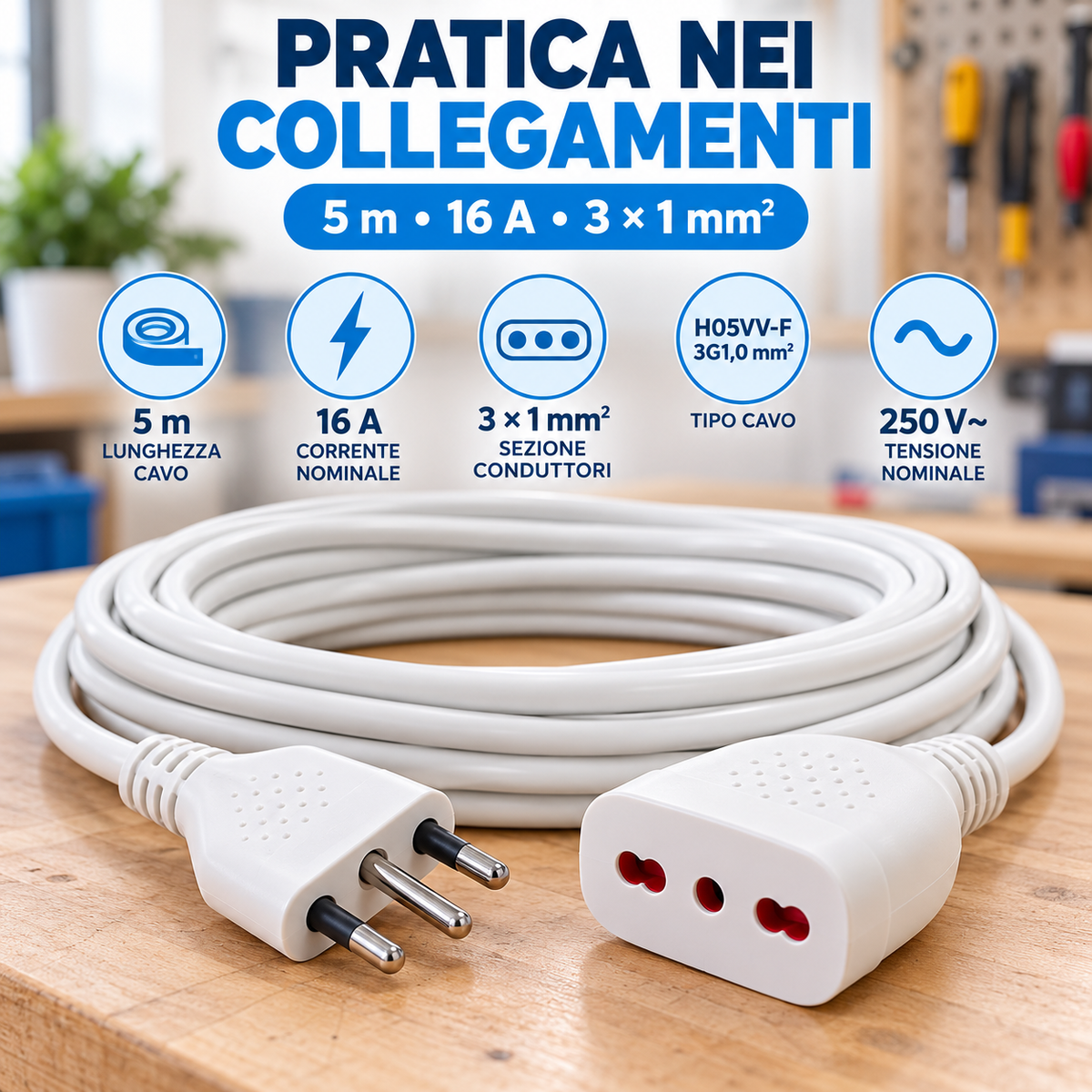 Prolunga bianca 5 metri con spina italiana 16 A e presa bipasso - immagine 9