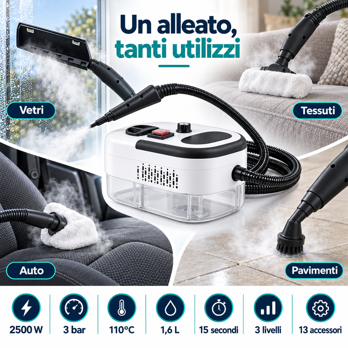 Pulitore a vapore per vetri, tessuti, auto e pavimenti