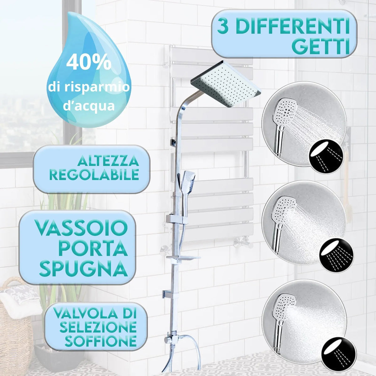 Miscelatore per Vasca da Bagno con Soffione a Colonna, Design Elegante