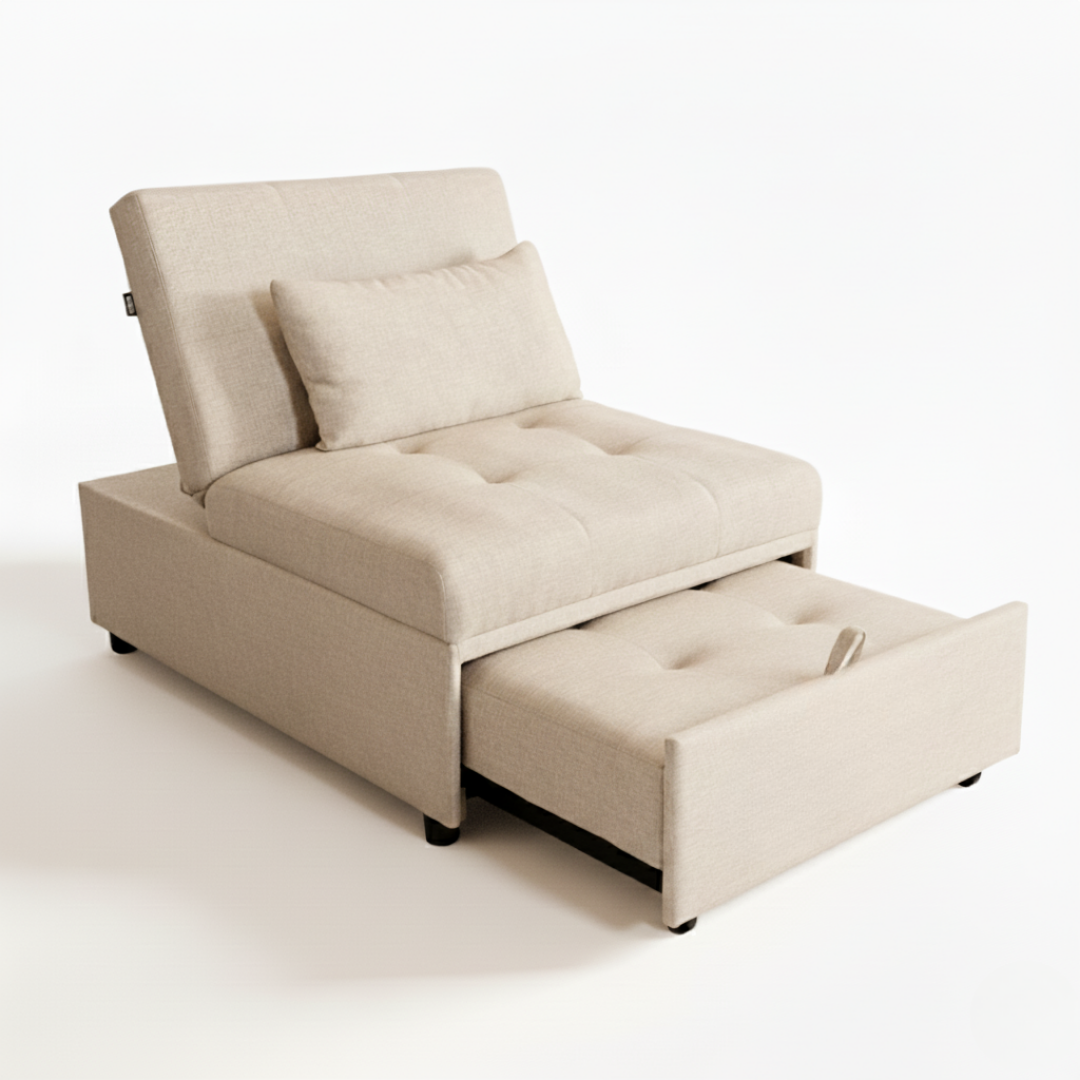 Divano letto beige singolo con schienale reclinabile, seduta allungabile e cuscino sfoderabile incluso.