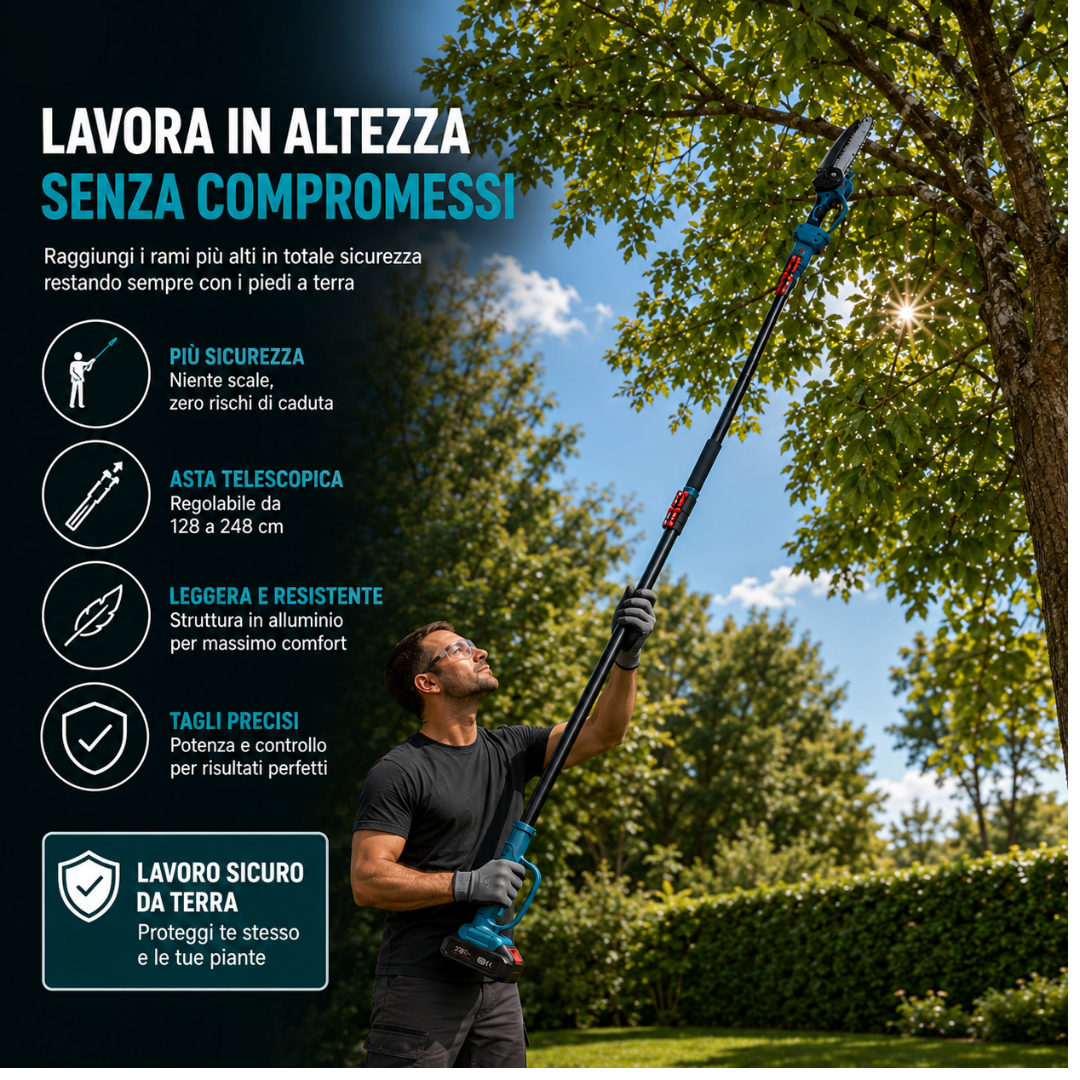 Kit Potatura 3 in 1 con Motosega e Asta Telescopica