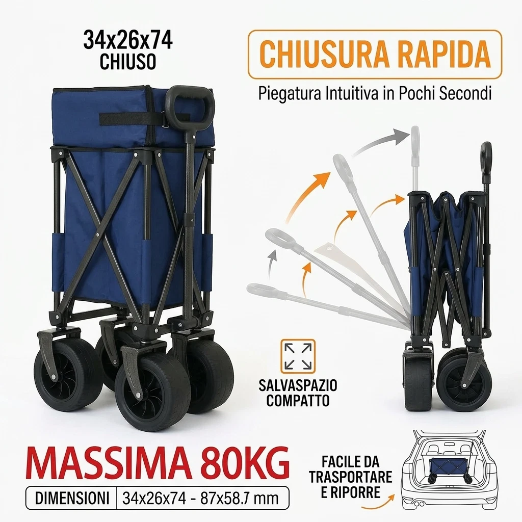 Carrello Outdoor Pieghevole Telescopico 80Kg con Ruote 360°