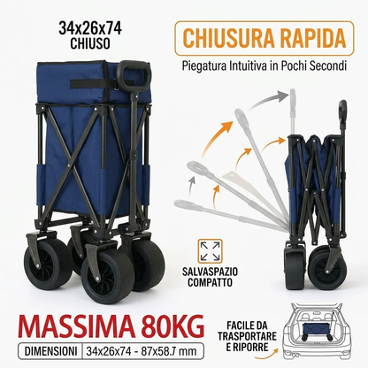 Carrello Outdoor Pieghevole Telescopico 80Kg con Ruote 360°