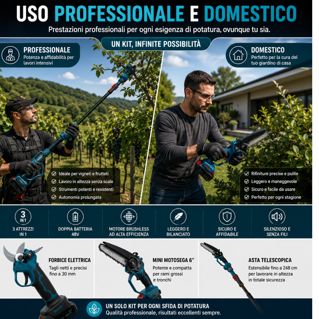 Kit Potatura 3 in 1 con Motosega e Asta Telescopica