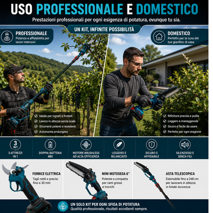 Kit Potatura 3 in 1 con Motosega e Asta Telescopica