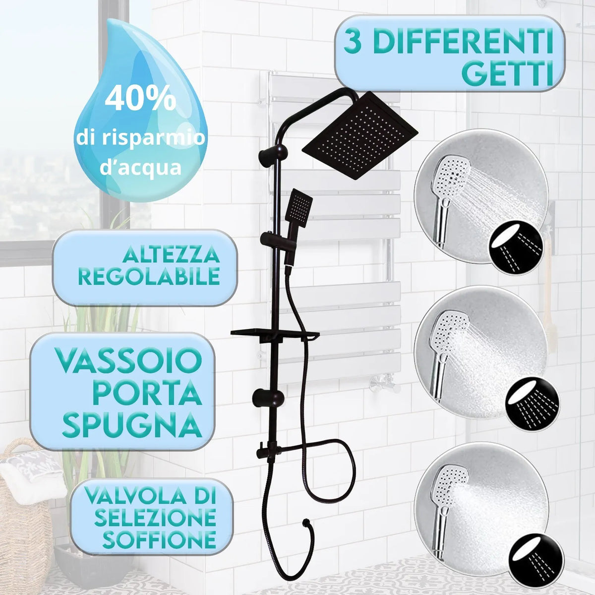 Miscelatore per Vasca da Bagno con Soffione a Colonna, Design Elegante