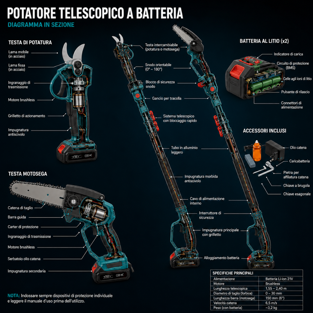 Kit Potatura 3 in 1 con Motosega e Asta Telescopica