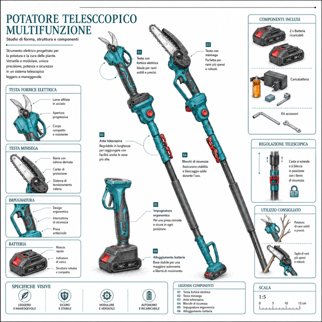 Kit Potatura 3 in 1 con Motosega e Asta Telescopica