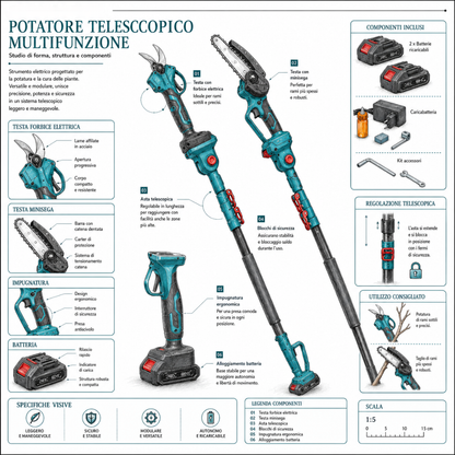 Kit Potatura 3 in 1 con Motosega e Asta Telescopica