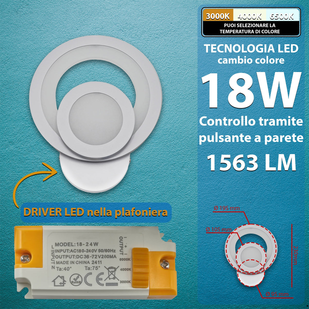 Applique LED da Parete Interno con Cambio Temperatura, 18W/22W