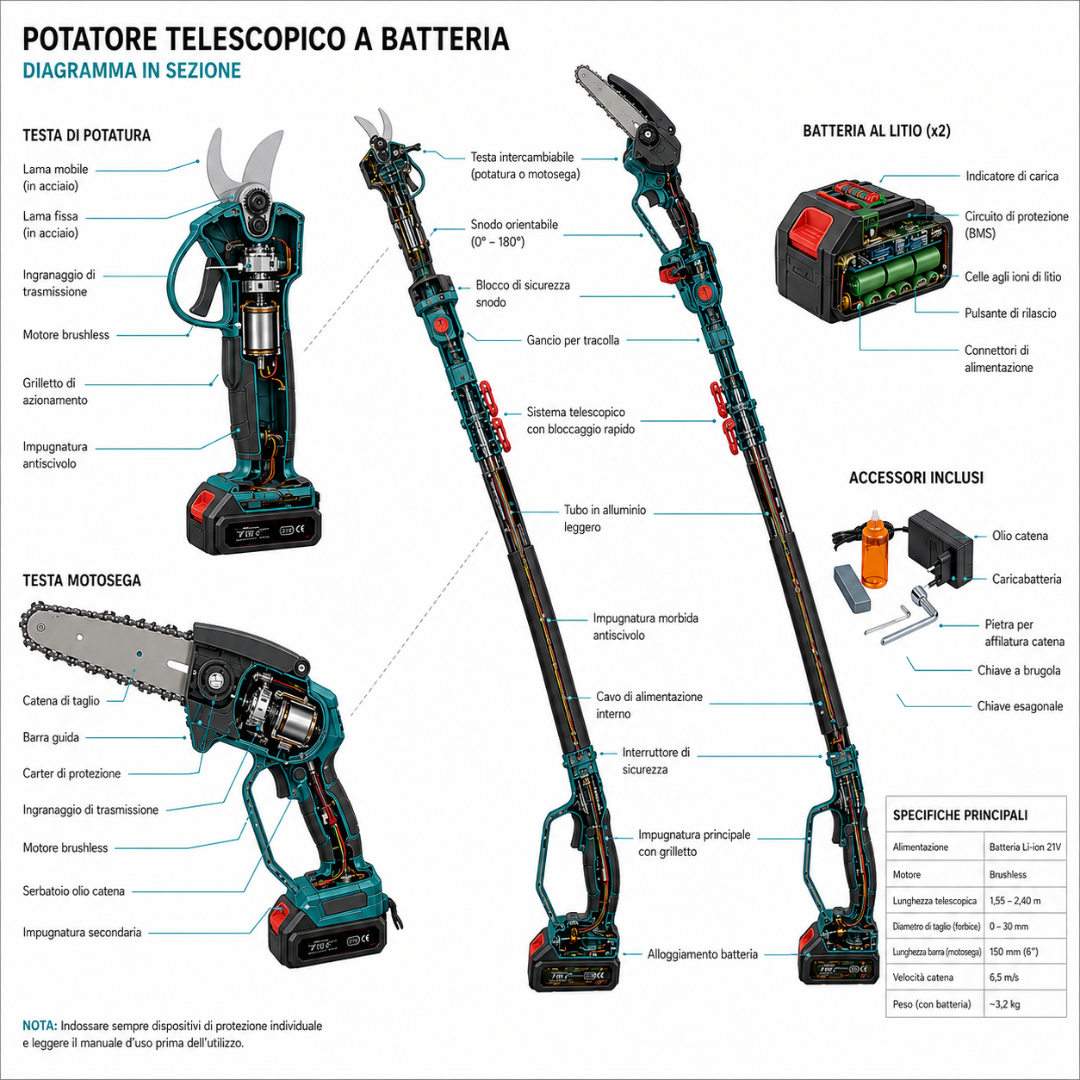 Kit Potatura 3 in 1 con Motosega e Asta Telescopica