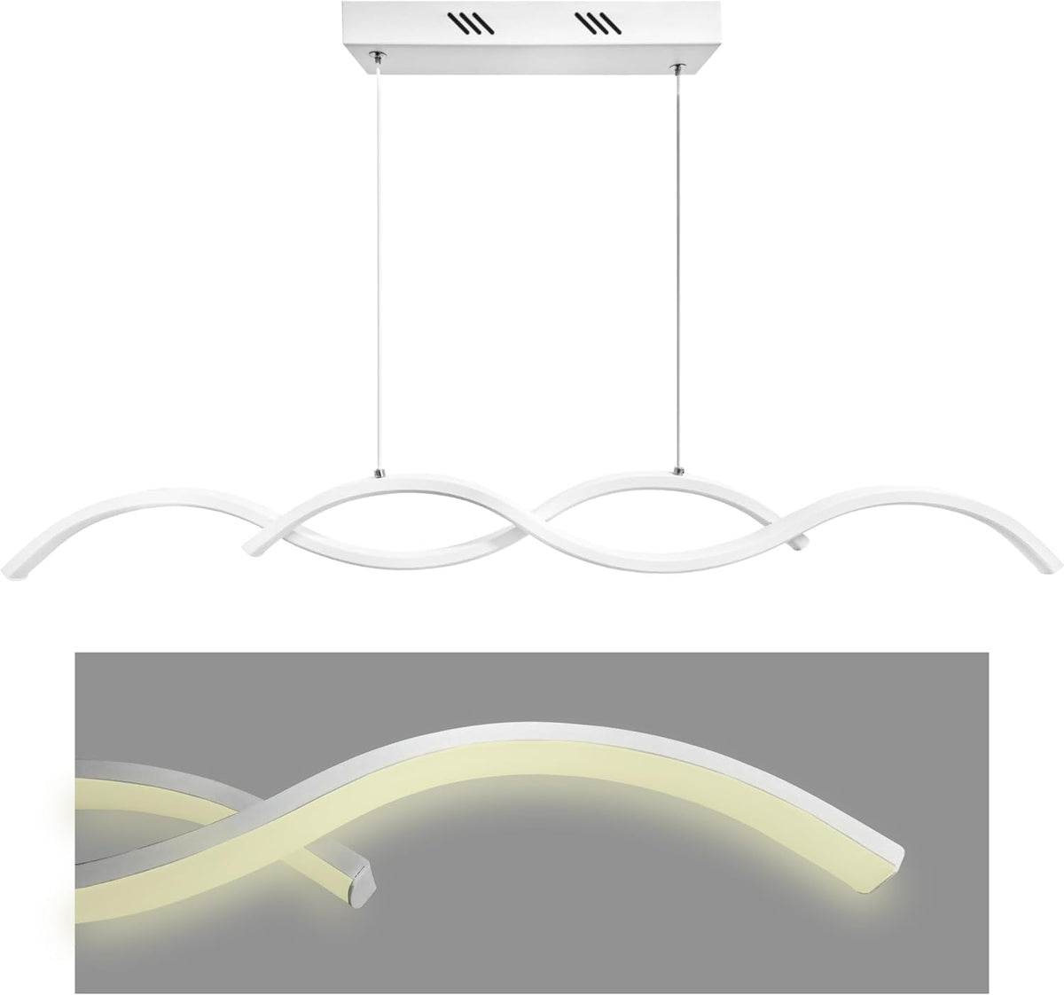 Lampadario a sospensione LED bianco con design ondulato, due pendenti, illuminazione calda diffusa.