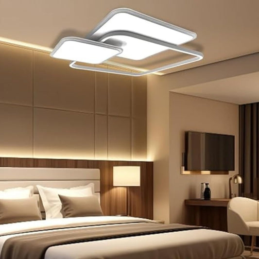 Plafoniera LED moderna doppia a soffitto con contorni grigio e bianchi in camera da letto lussuosa.