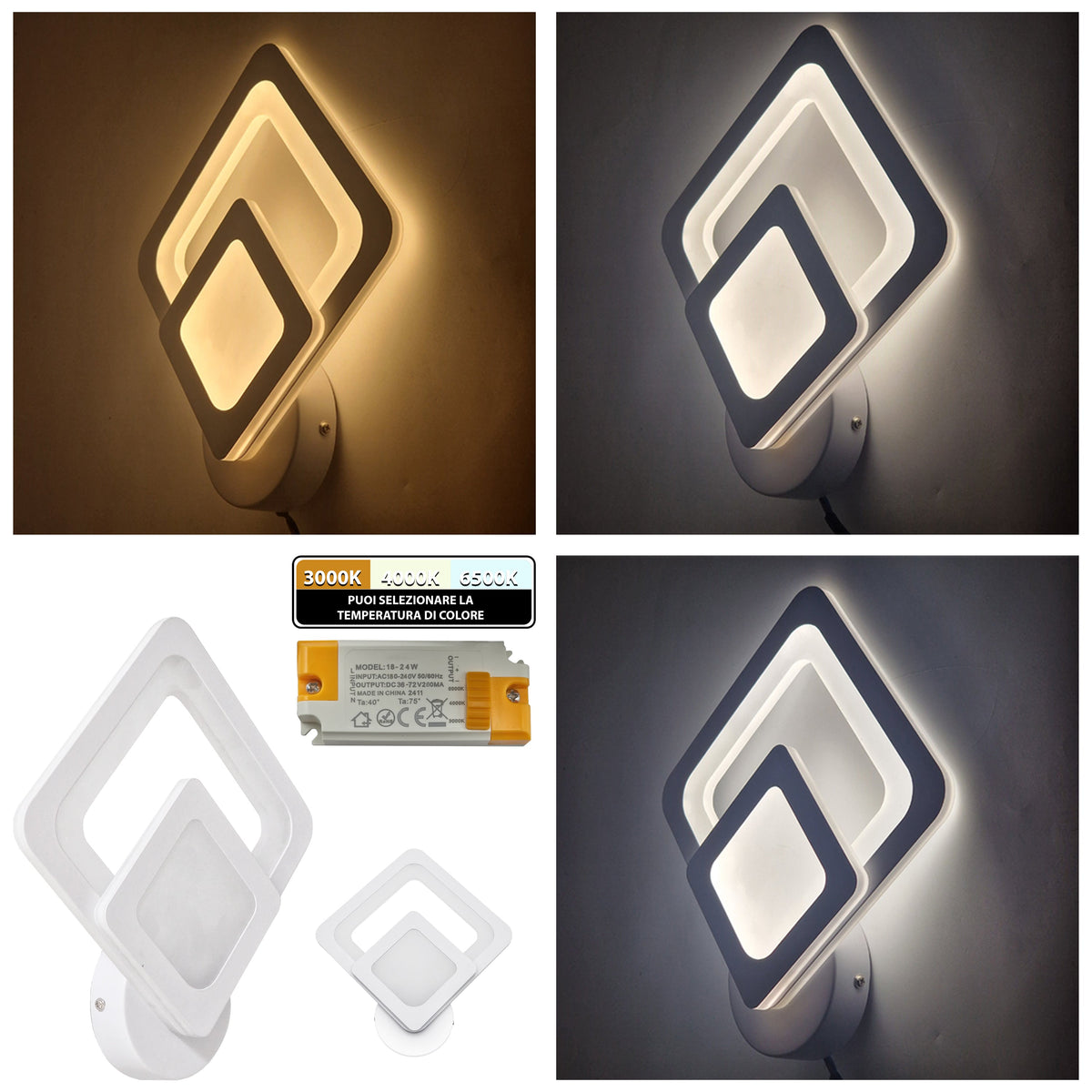 Applique LED da Parete Interno con Cambio Temperatura, 18W/22W