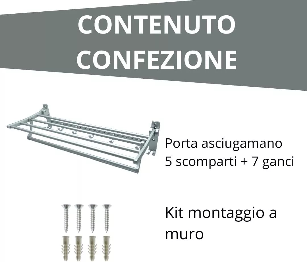 Porta Asciugamani da Parete in Acciaio - 5 Scomparti Moderno Bagno