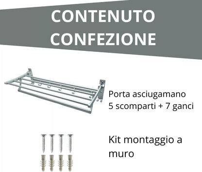 Porta Asciugamani da Parete in Acciaio - 5 Scomparti Moderno Bagno