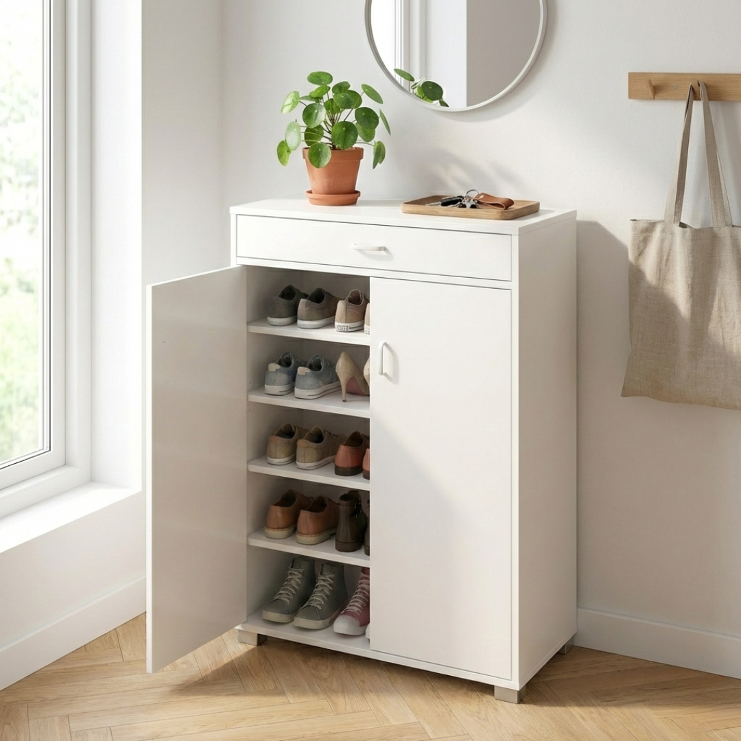 Scarpiera salvaspazio moderna 95 cm con cassetto e ante bianca cemento o rovere