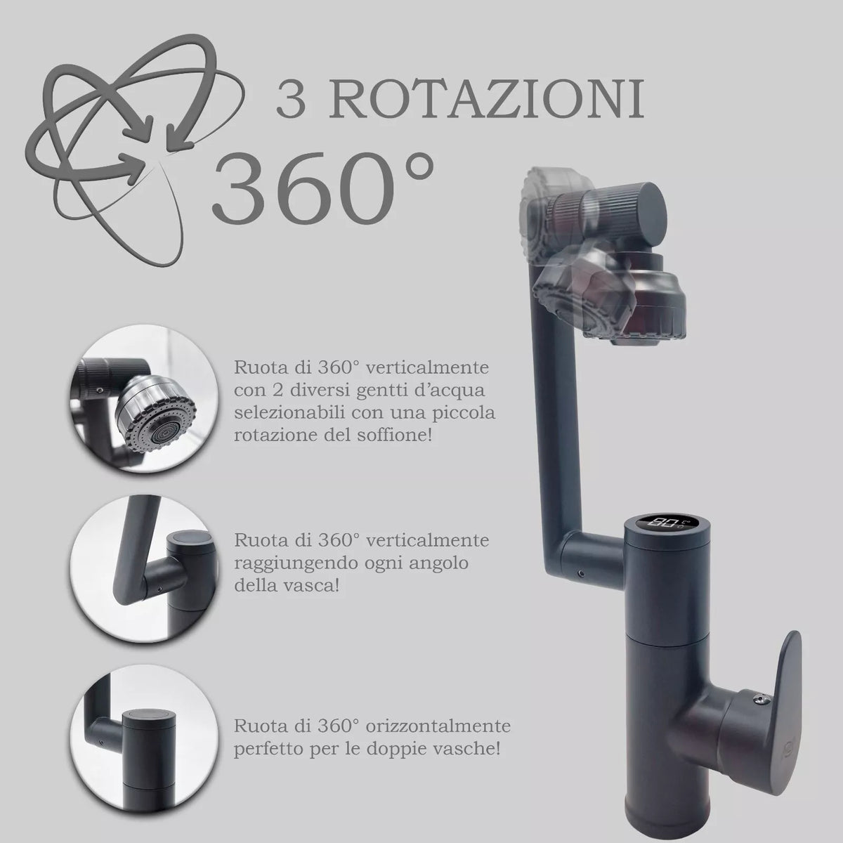 Rubinetto Miscelatore Nero Multi Rotazione con Display Digitale Temperatura