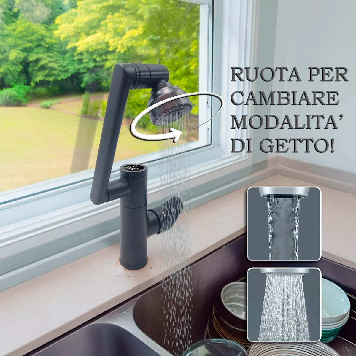 Rubinetto Miscelatore Nero Multi Rotazione con Display Digitale Temperatura