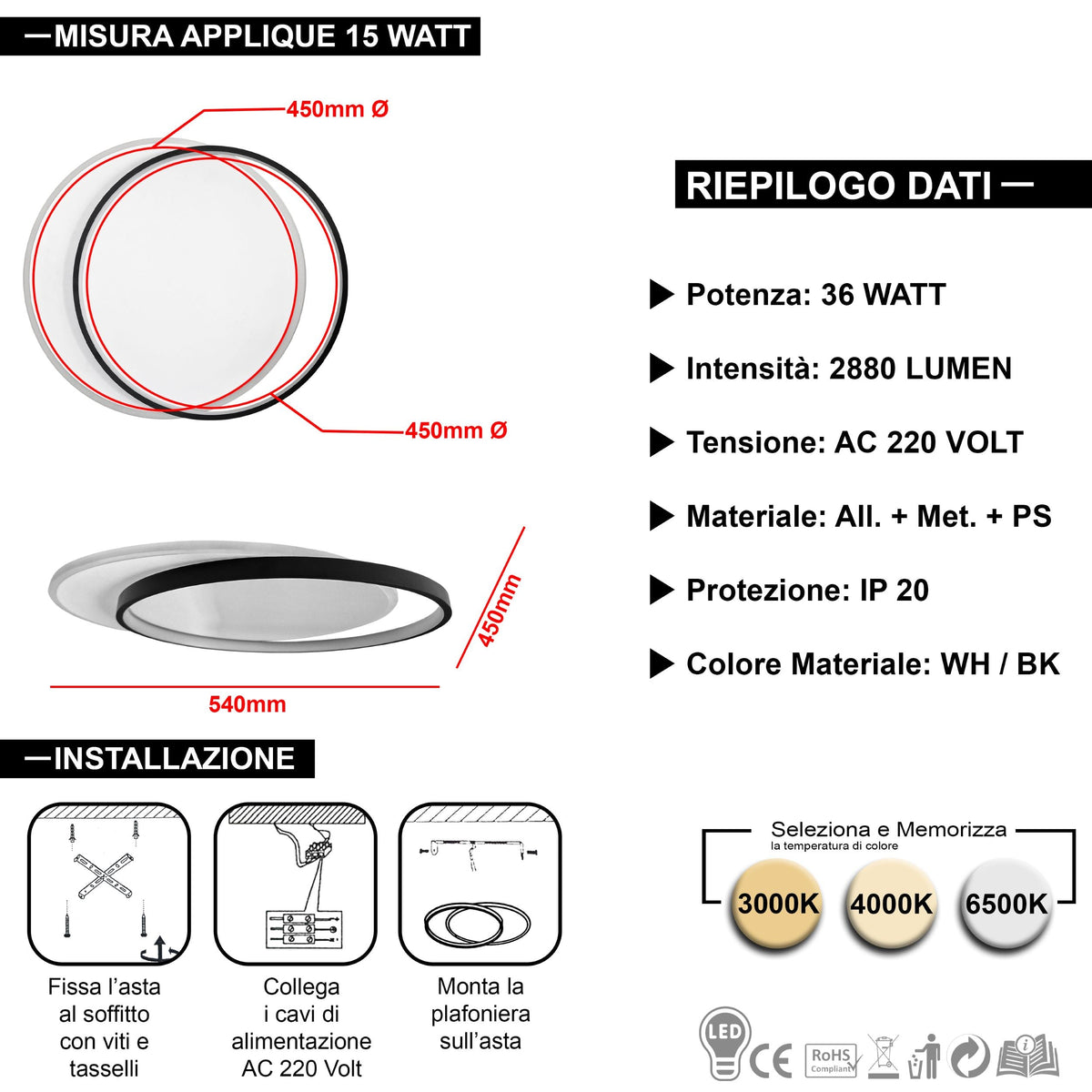 Plafoniera lampadario LED  36W /39W/48W Rotonda o quadrata , Colore Regolabile 3D