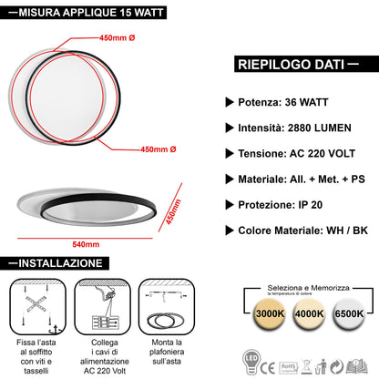 Plafoniera lampadario LED  36W /39W/48W Rotonda o quadrata , Colore Regolabile 3D