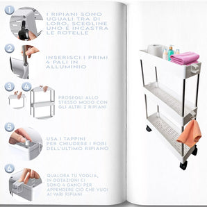 Carrello Porta Oggetti 3 Ripiani con Ruote per Bagno e Cucina, in Plastica