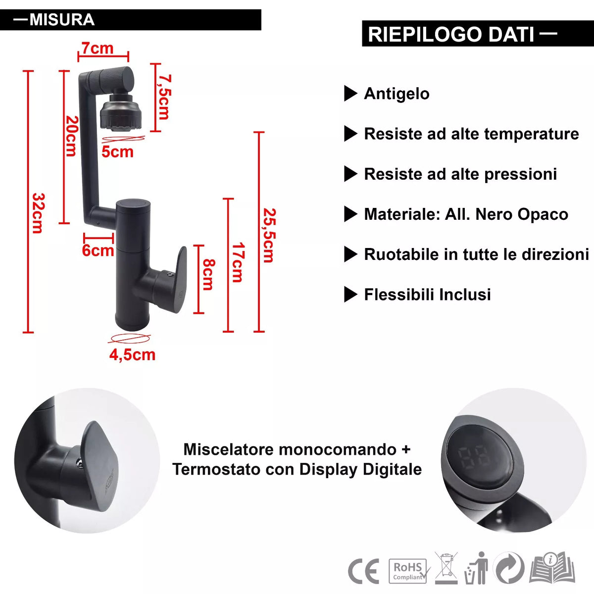 Rubinetto Miscelatore Nero Multi Rotazione con Display Digitale Temperatura