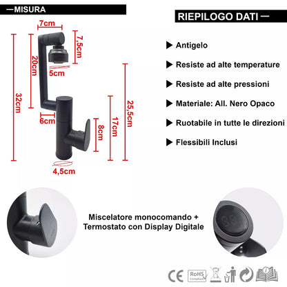 Rubinetto Miscelatore Nero Multi Rotazione con Display Digitale Temperatura