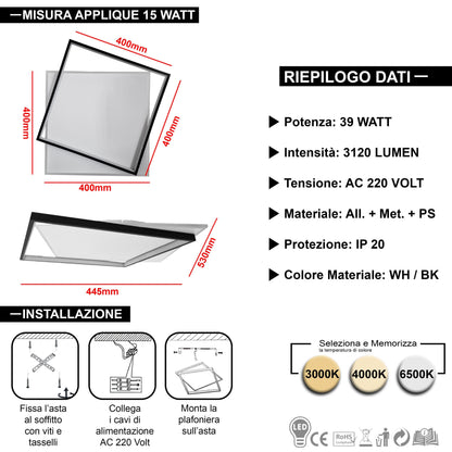 Plafoniera lampadario LED  36W /39W/48W Rotonda o quadrata , Colore Regolabile 3D