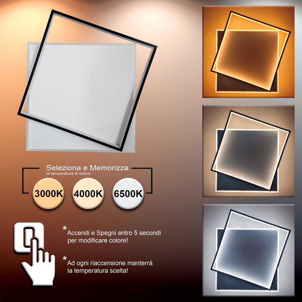 Plafoniera lampadario LED  36W /39W/48W Rotonda o quadrata , Colore Regolabile 3D