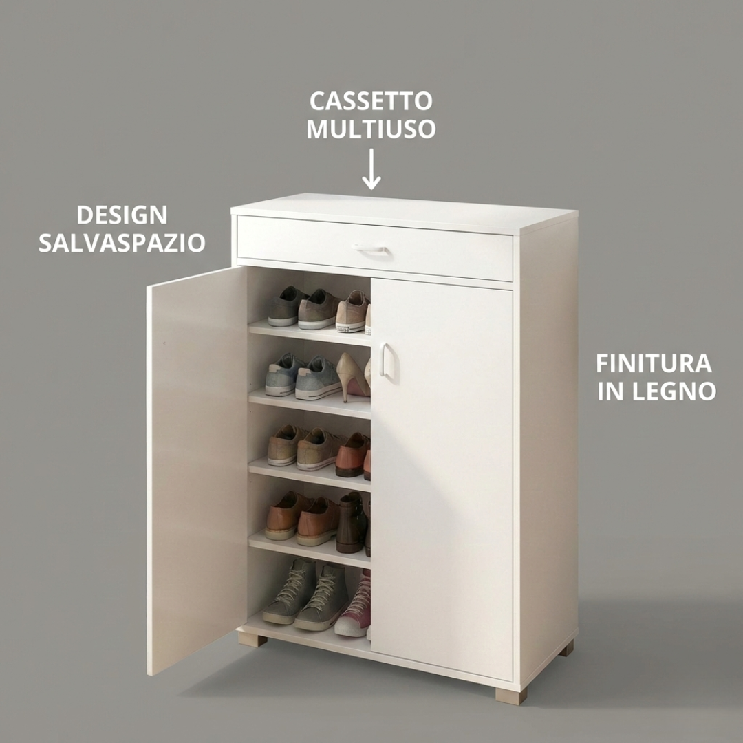 Scarpiera salvaspazio moderna 95 cm con cassetto e ante bianca cemento o rovere