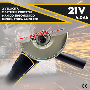 Smerigliatrice Angolare 21V con 2 Batterie, 100/125mm, 8500rpm + Valigetta