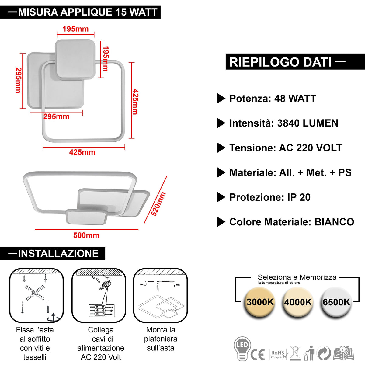 Plafoniera lampadario LED  36W /39W/48W Rotonda o quadrata , Colore Regolabile 3D