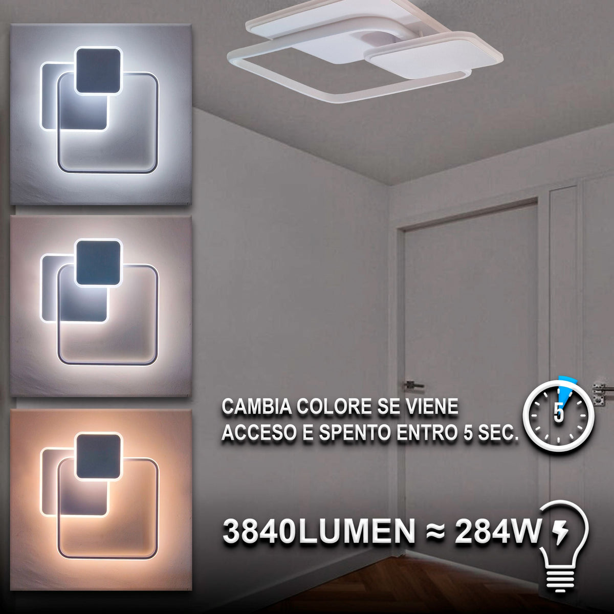 Plafoniera lampadario LED  36W /39W/48W Rotonda o quadrata , Colore Regolabile 3D