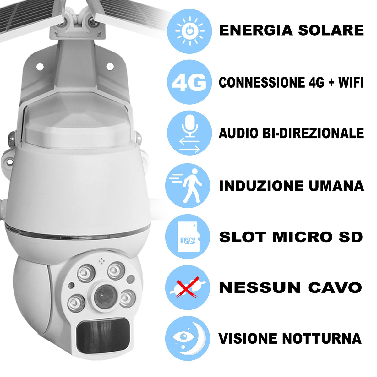 Telecamera Solare da Esterno 2K WiFi/4G, IP66, Visione Notturna