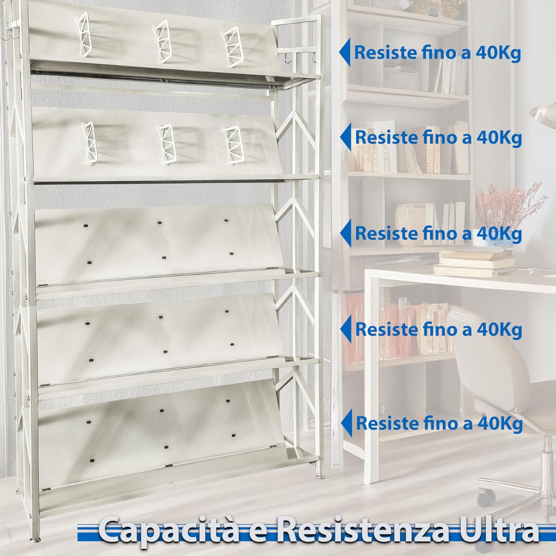 Libreria verticale salvaspazio acciaio 4 o 5 ripiani design compatto

Scaffale metallo inclinabile bianco tortora moderno casa ufficio 40kg