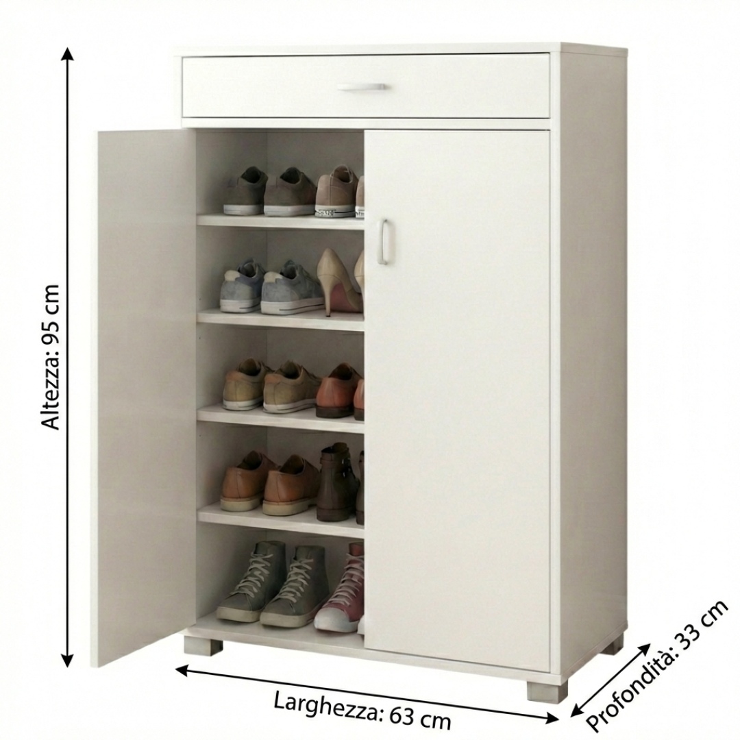 Scarpiera salvaspazio moderna 95 cm con cassetto e ante bianca cemento o rovere
