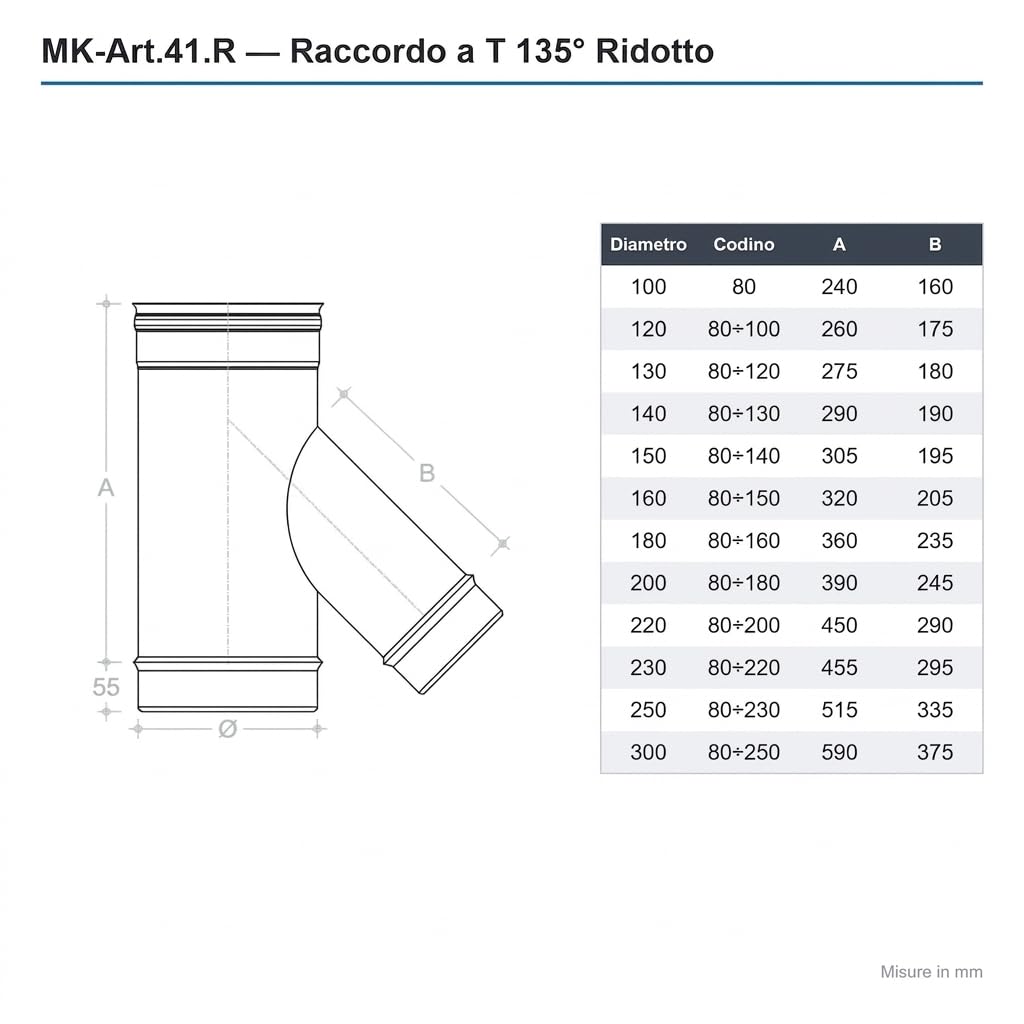 Maka Raccordo a T 135° Ridotto per Canna Fumaria in Acciaio Inox, Braga con Codolo Ridotto per Stufa a Pellet