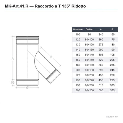 Maka Raccordo a T 135° Ridotto per Canna Fumaria in Acciaio Inox, Braga con Codolo Ridotto per Stufa a Pellet