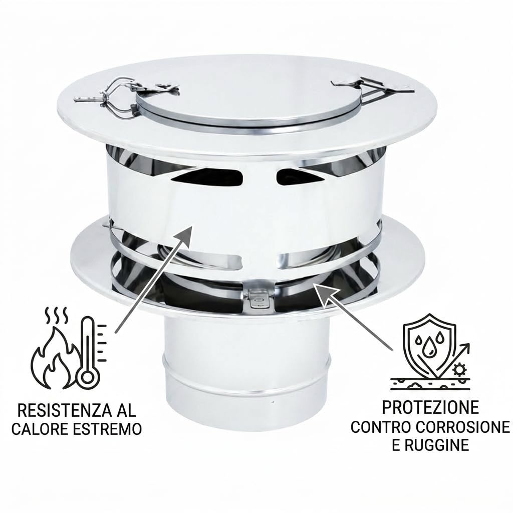 Maka Comignolo Anti Intemperie con Ispezione, Terminale per Canna Fumaria Camino Stufa a Legna Pellet e Gas, Cappello Antivento con Apertura Ispezione