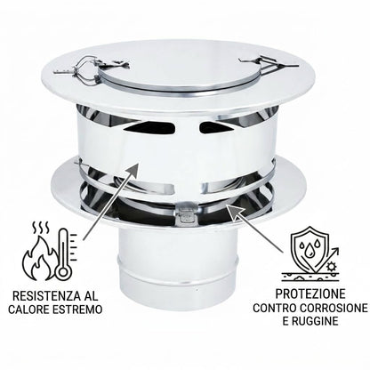Maka Comignolo Anti Intemperie con Ispezione, Terminale per Canna Fumaria Camino Stufa a Legna Pellet e Gas, Cappello Antivento con Apertura Ispezione
