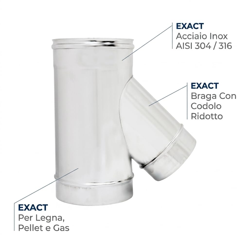 Maka Raccordo a T 135° Ridotto per Canna Fumaria in Acciaio Inox, Braga con Codolo Ridotto per Stufa a Pellet