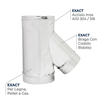 Maka Raccordo a T 135° Ridotto per Canna Fumaria in Acciaio Inox, Braga con Codolo Ridotto per Stufa a Pellet