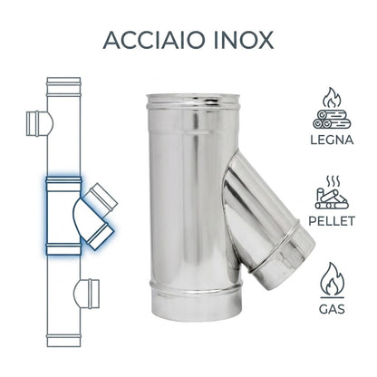 Maka Raccordo a T 135° Ridotto per Canna Fumaria in Acciaio Inox, Braga con Codolo Ridotto per Stufa a Pellet
