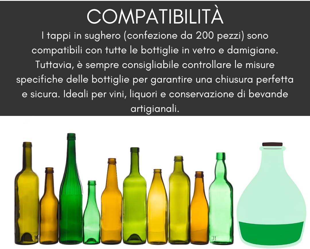 Maka Tappi in Sughero Naturale per Bottiglie di Vetro - 200 Pezzi